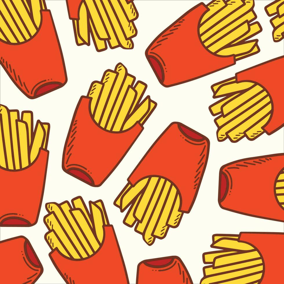 Golden fried french fries fried potato fast food vector illustration pattern isolated on light yellow square background. Simple flat drawing with cartoon art style for scarf or wrapping paper prints.