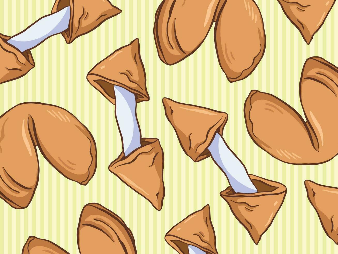 Fortune Cookies pattern vector illustration isolated on striped light green horizontal background wallpaper. Simple flat art styled drawing.
