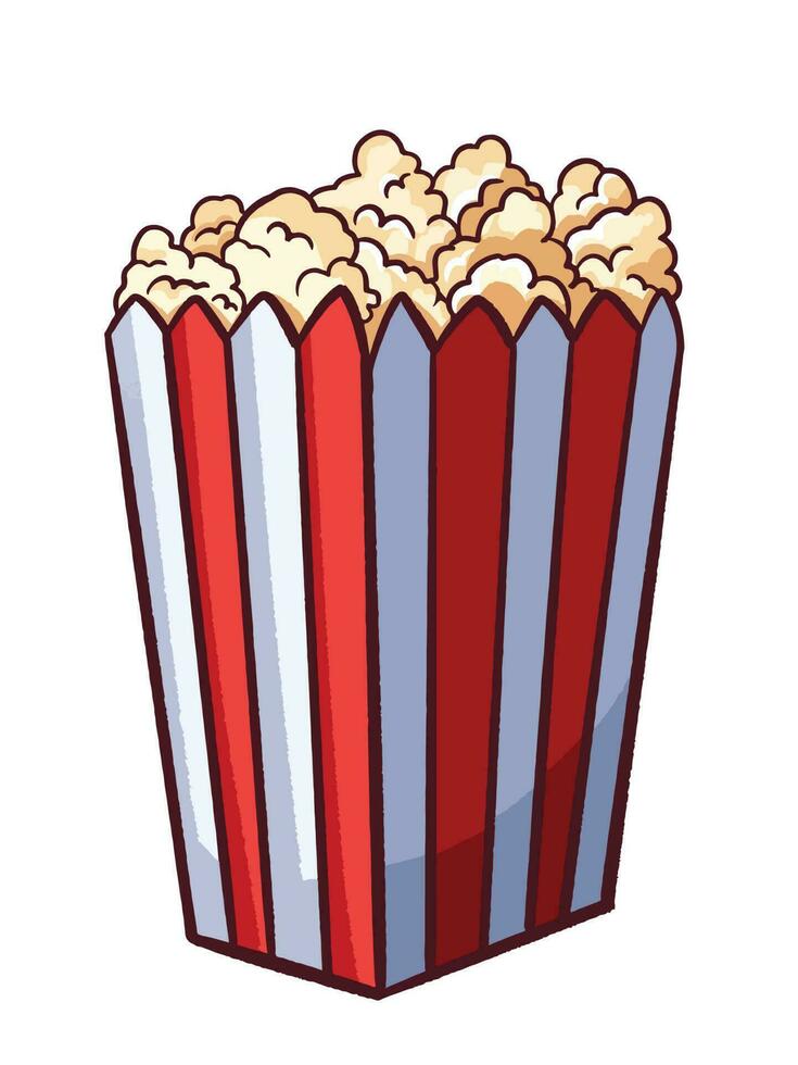 Cinema pop corn with red and white striped paper box packaging textured vector illustration isolated on vertical white background. Simple flat outlined cartoon art styled drawing.
