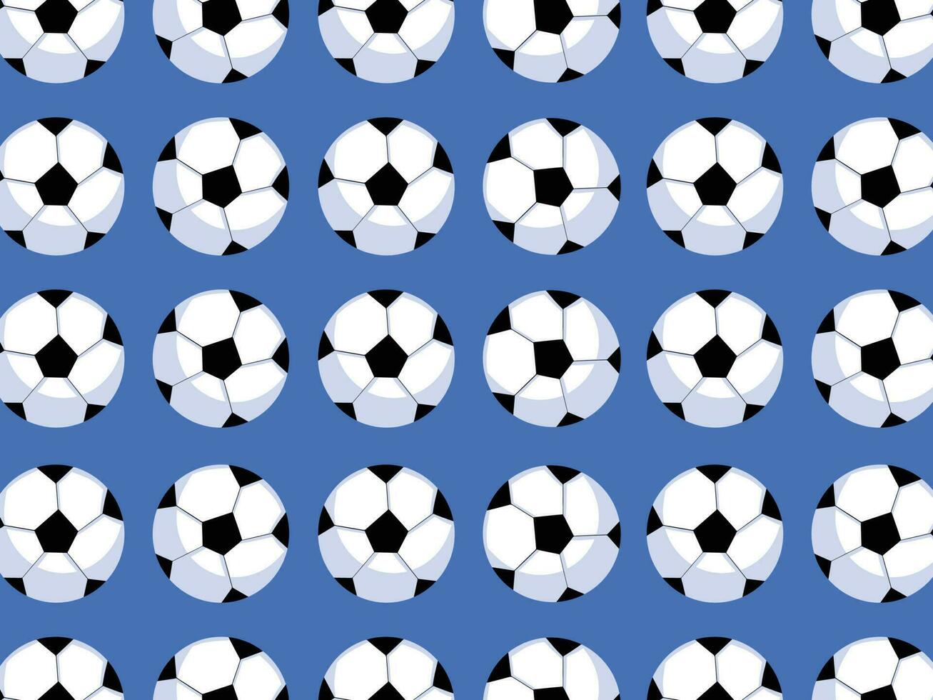 Soccer balls pattern vector illustration isolated on horizontal blue background. Simple flat sports themed drawing.