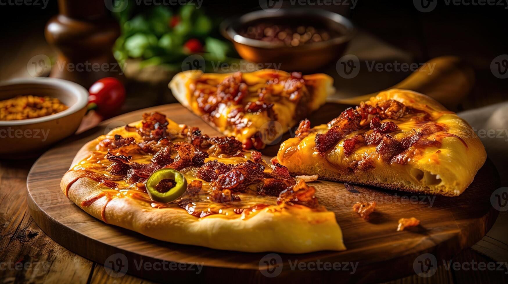 delicioso rebanadas de A la parrilla tocino Pizza en de madera corte tablero. comida fotografía, generativo ai. foto