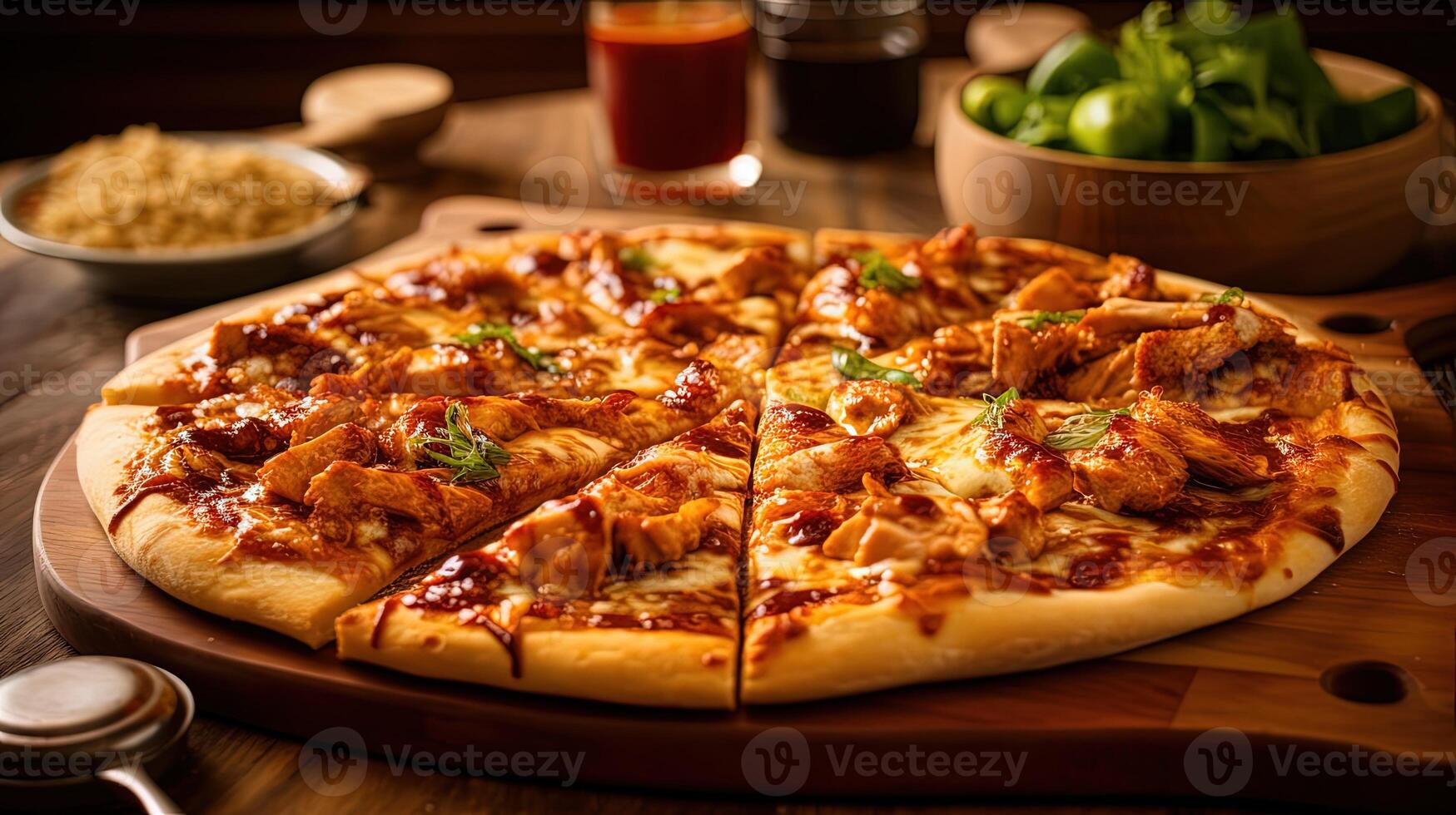 Freshly Baked BBQ Chicken Pizza with Chopped Meat Toppings Served on Wooden Board for Food Ready to Eat Concept, Template or Banner for Restaurant. . photo