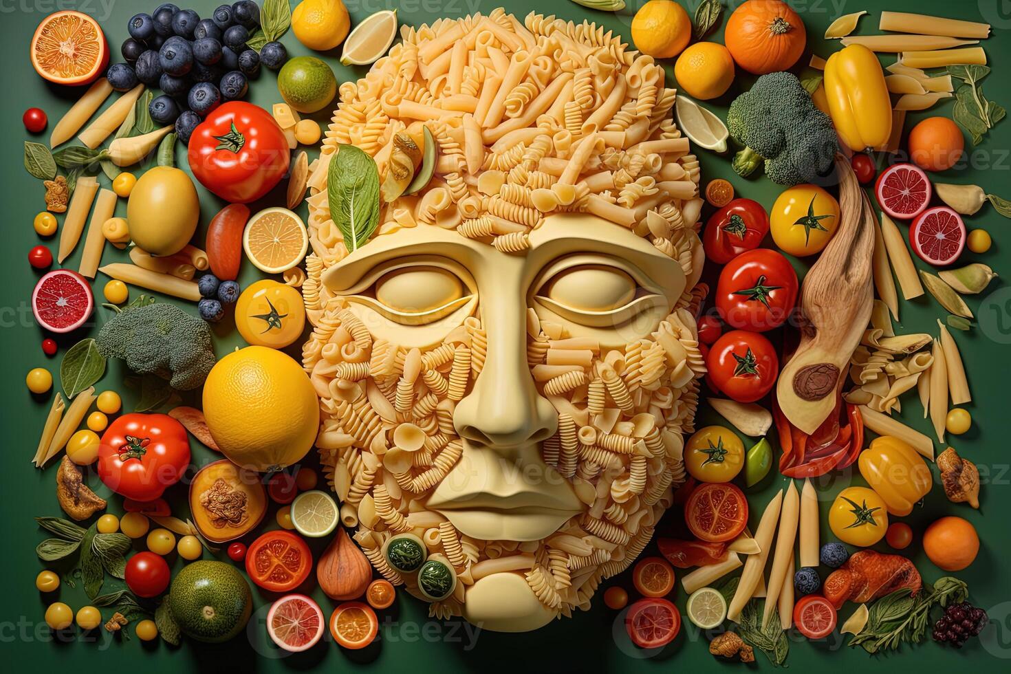 A Bunch of Pasta, Fruit and Vegetable Forming A Enhanced Face on Green Background. . photo