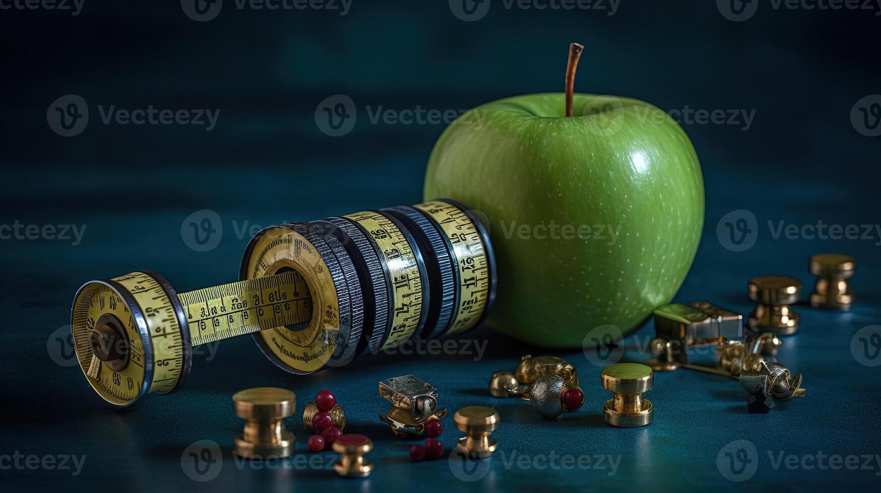 Healthy Lifestyle of A Green Apple with Measuring Tape and Dumbbell on Teal Background. . photo