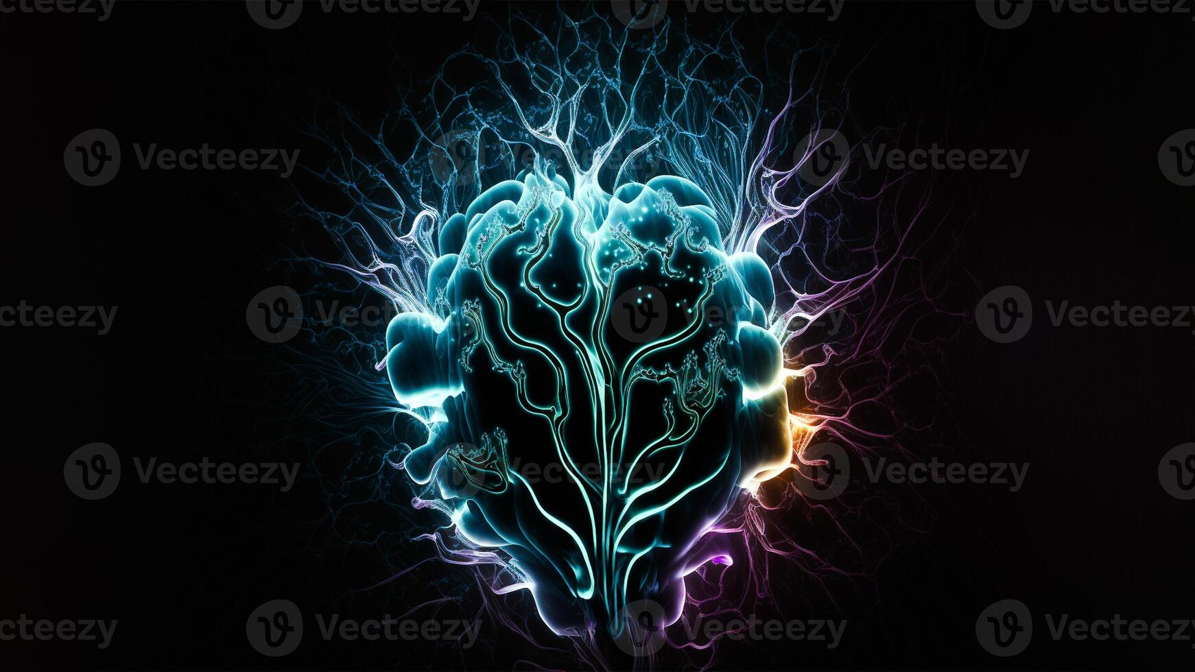 Computer Generated Bioluminescent Sheer Human Brain. Glowing Brain on Black Background. , Digital Illustration. photo