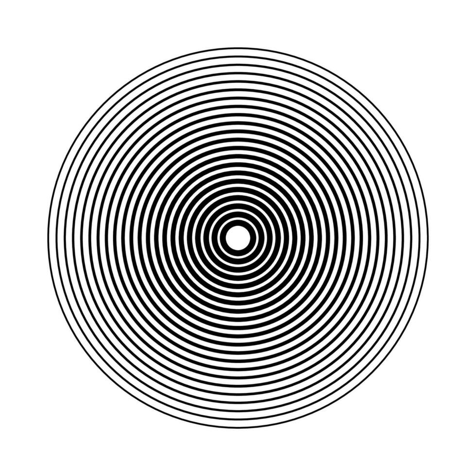 concéntrico circulo elementos, espaciado concéntrico círculo, anillos sonido ola, línea en un circulo concepto, negro circular modelo. Radar pantalla concéntrico circulo elementos. vector