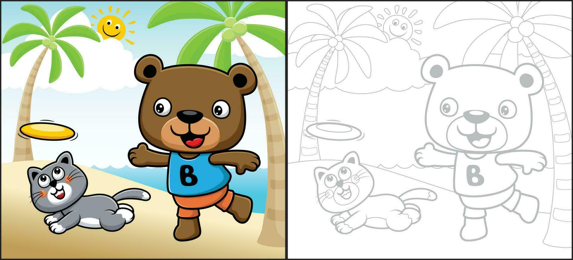 Vector cartoon of bear with cat flying disc game in the beach. Coloring book or page