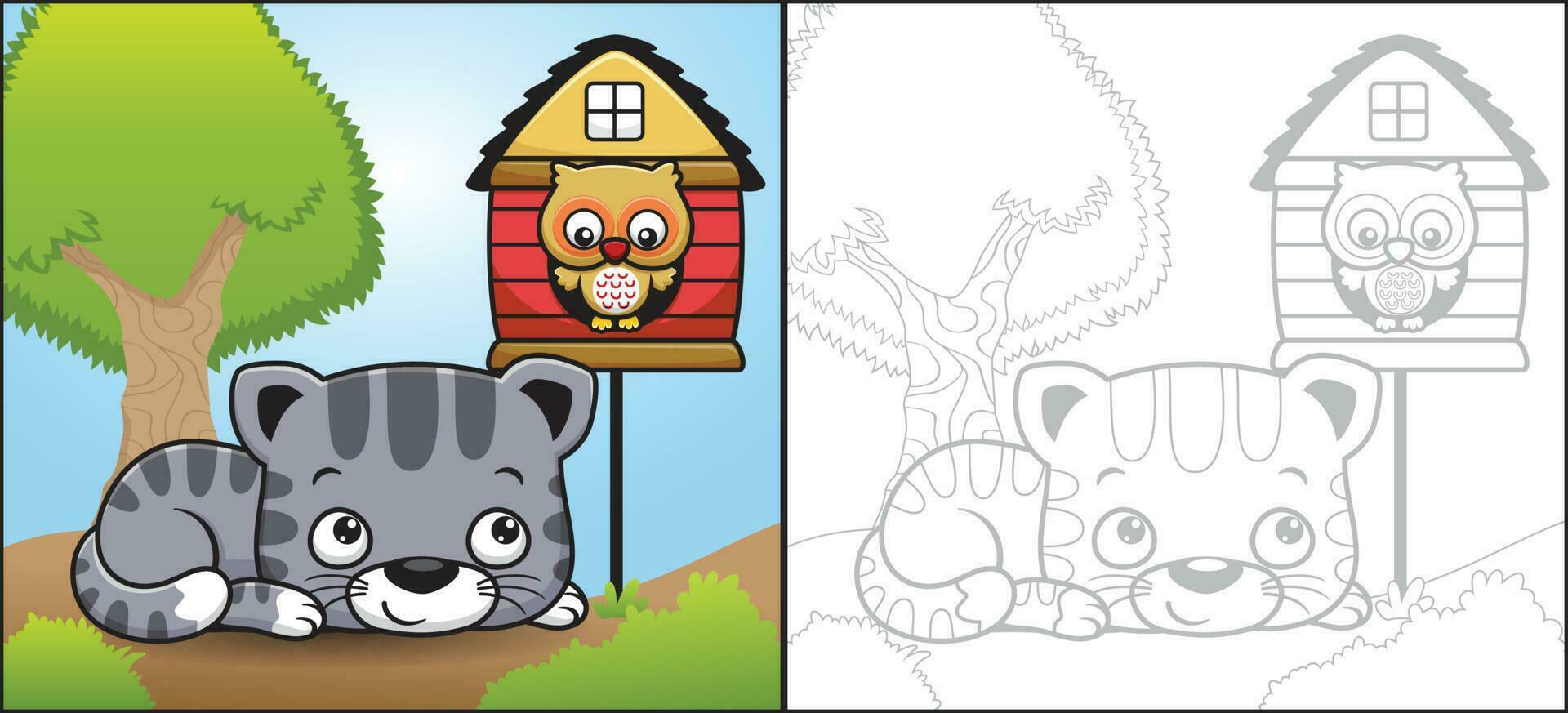 Vector cartoon of cute cat laying down with owl in it cage. Coloring book or page