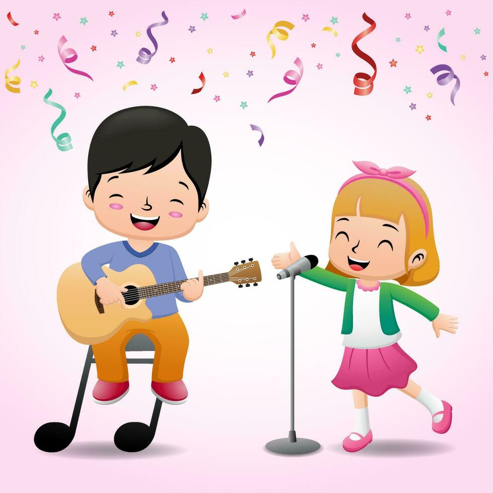linda pequeño chico y pequeño niña jugando guitarra y canto con vistoso cinta en un espectáculo vector