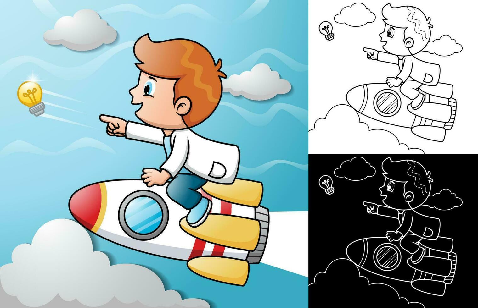 Vector illustration of little scientist cartoon riding on rocket chasing flying bulb in the sky