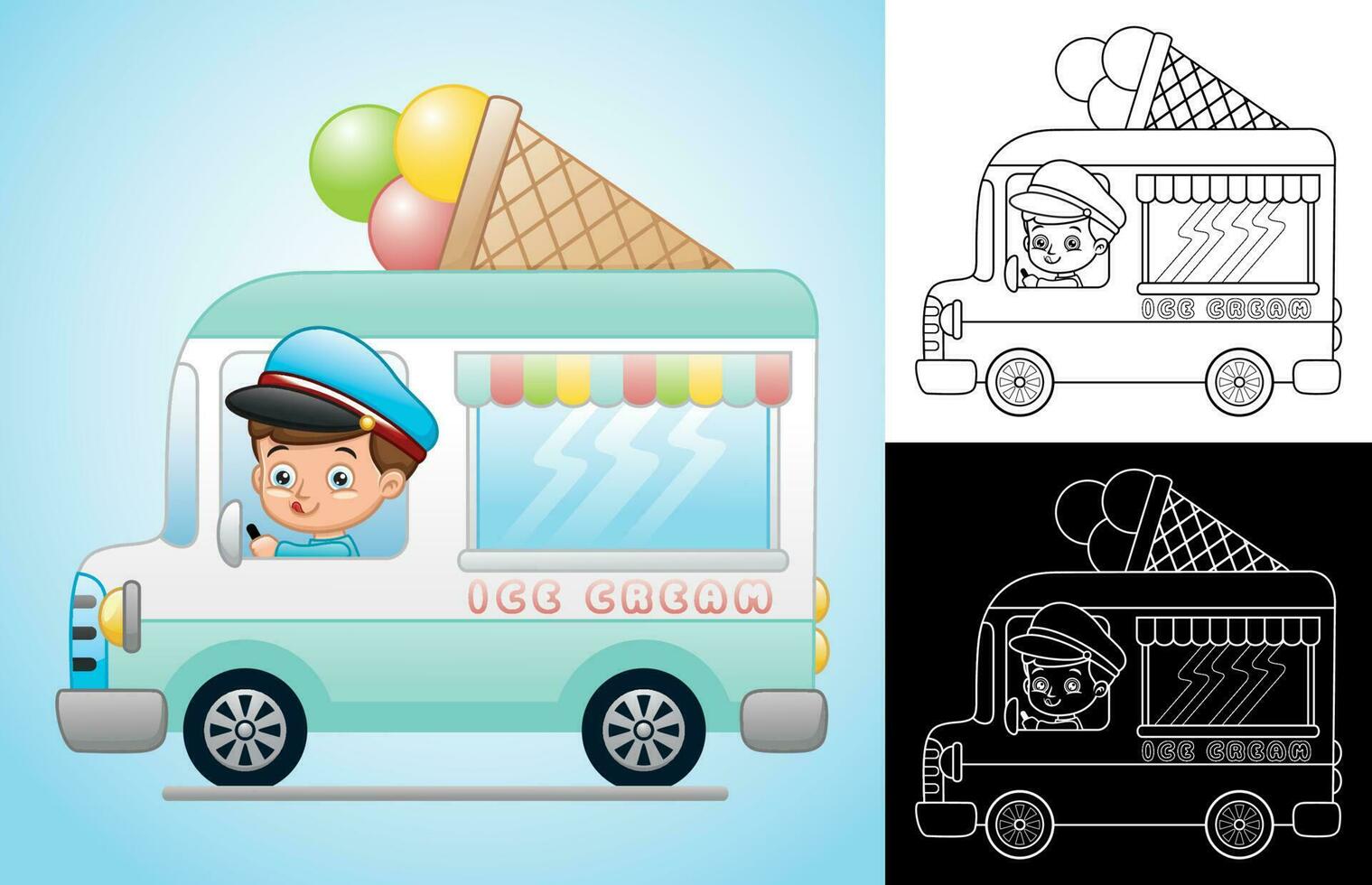 Vector cartoon of little boy on ice cream truck