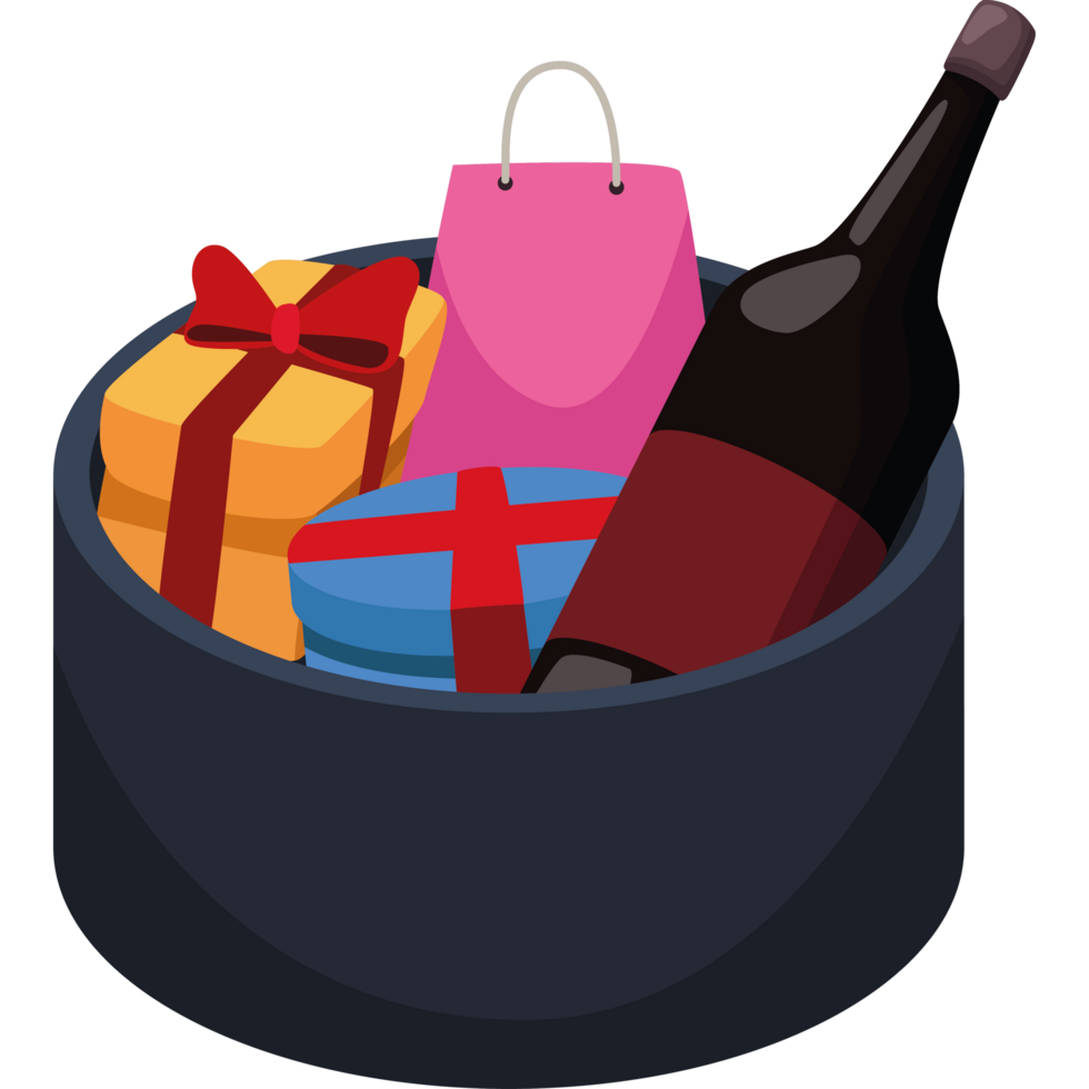 wine bottle with gifts in box png