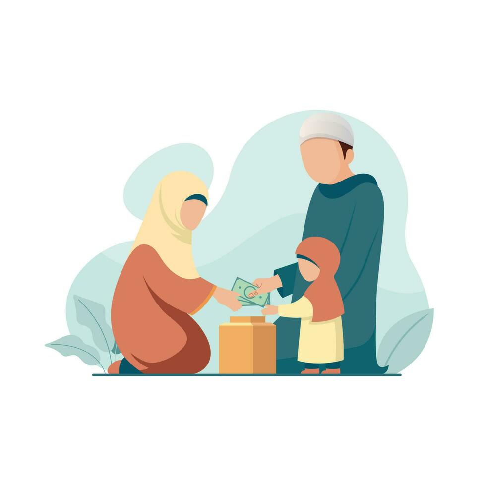 Muslim people giving donation and sodaqo flat style vector illustration