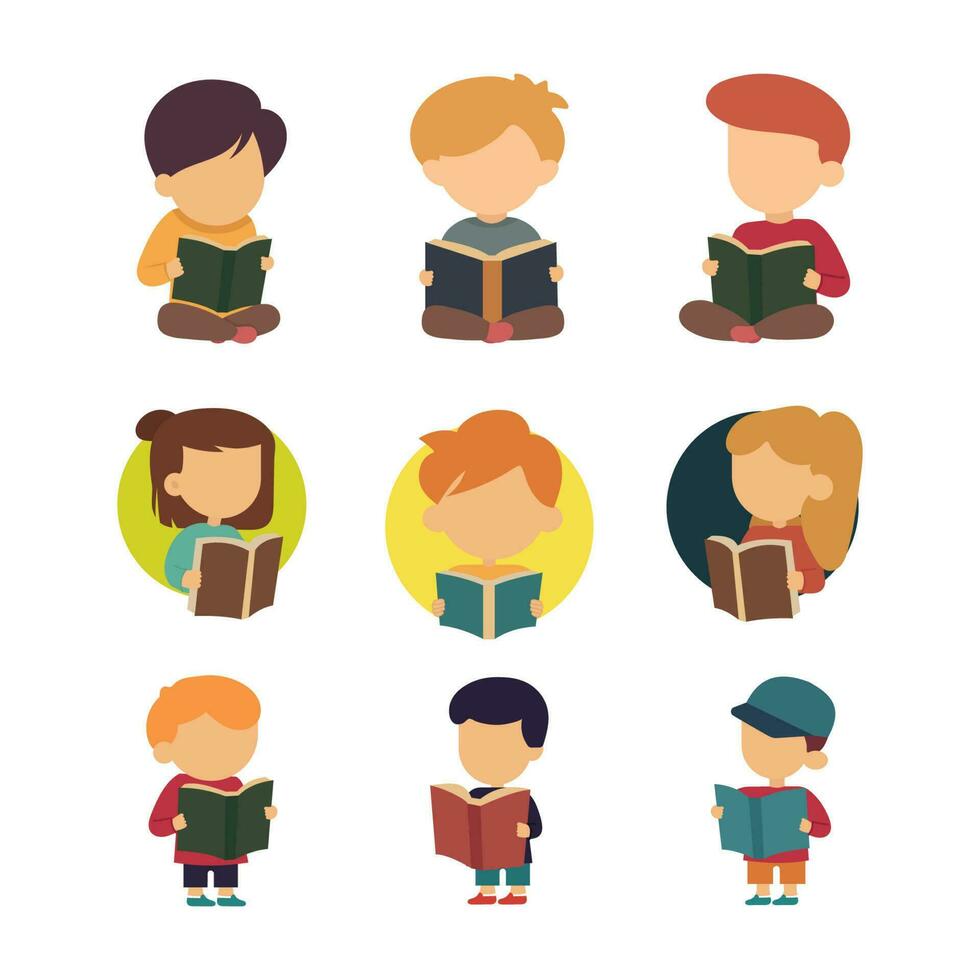 Kids read book, kids reading children literature, flat vector illustration