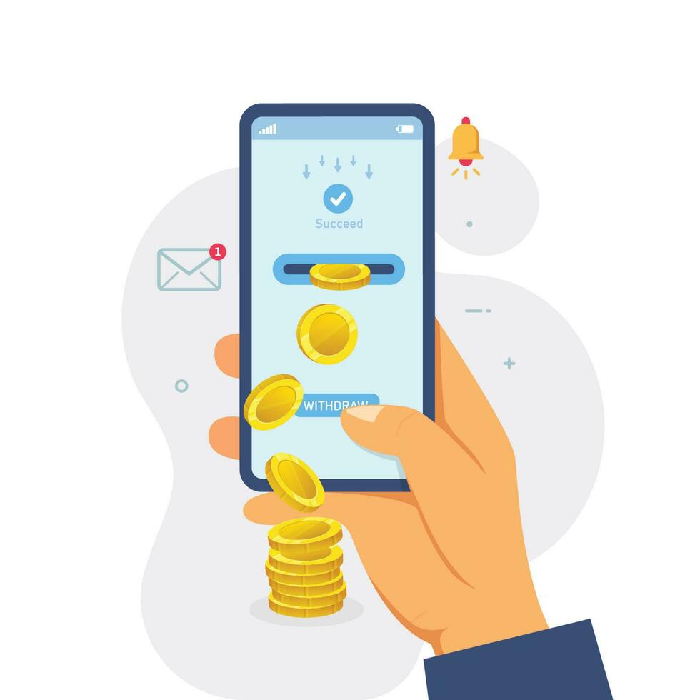 Withdraw money with smartphone. Digital payment or online cashback service vector