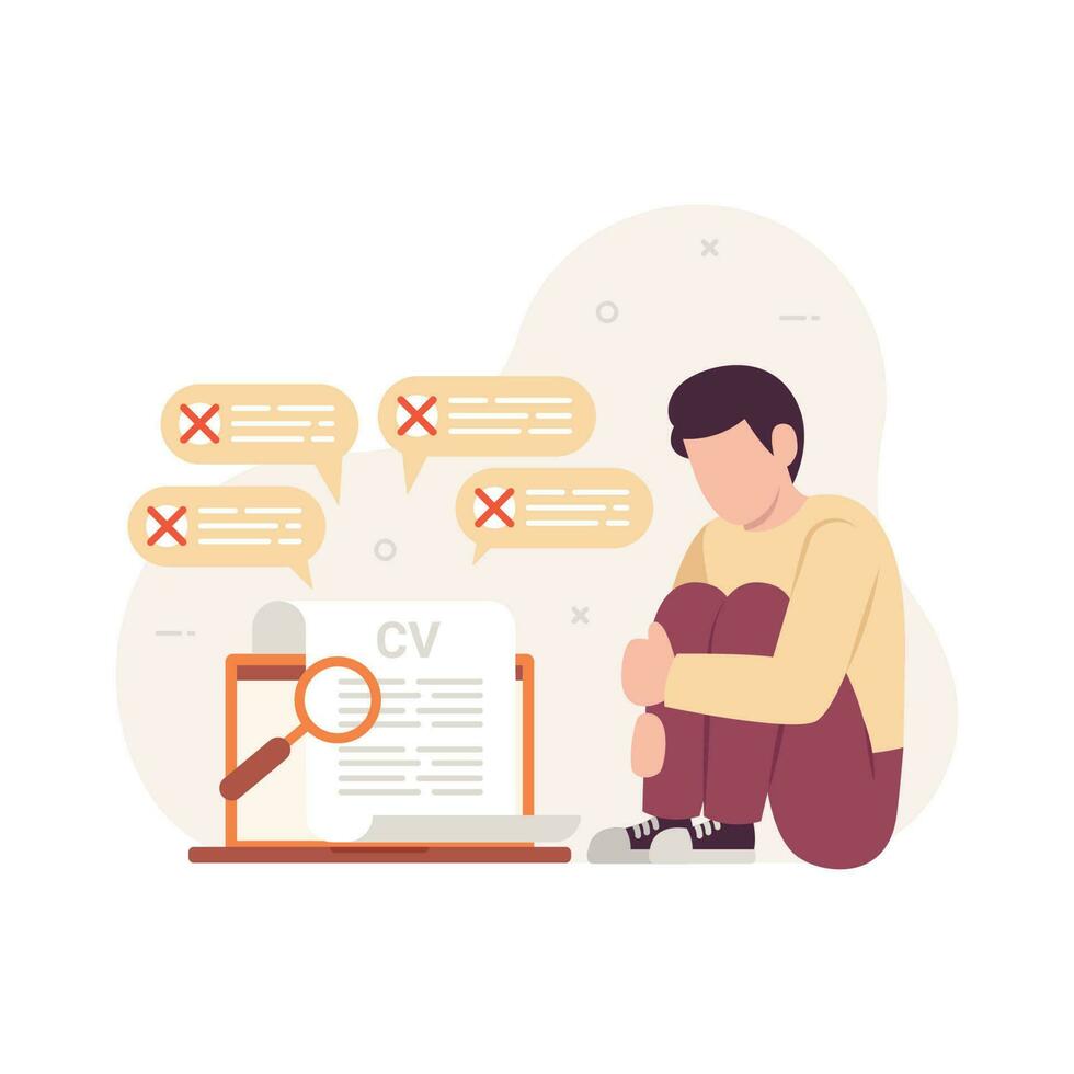 Unhappy man with resume rejected by employer vector flat illustration. Unemployment concept design