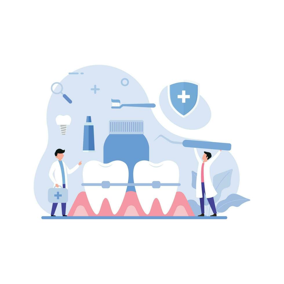 Dentist concept. Dental doctor in uniform treating human teeth using medical equipment vector