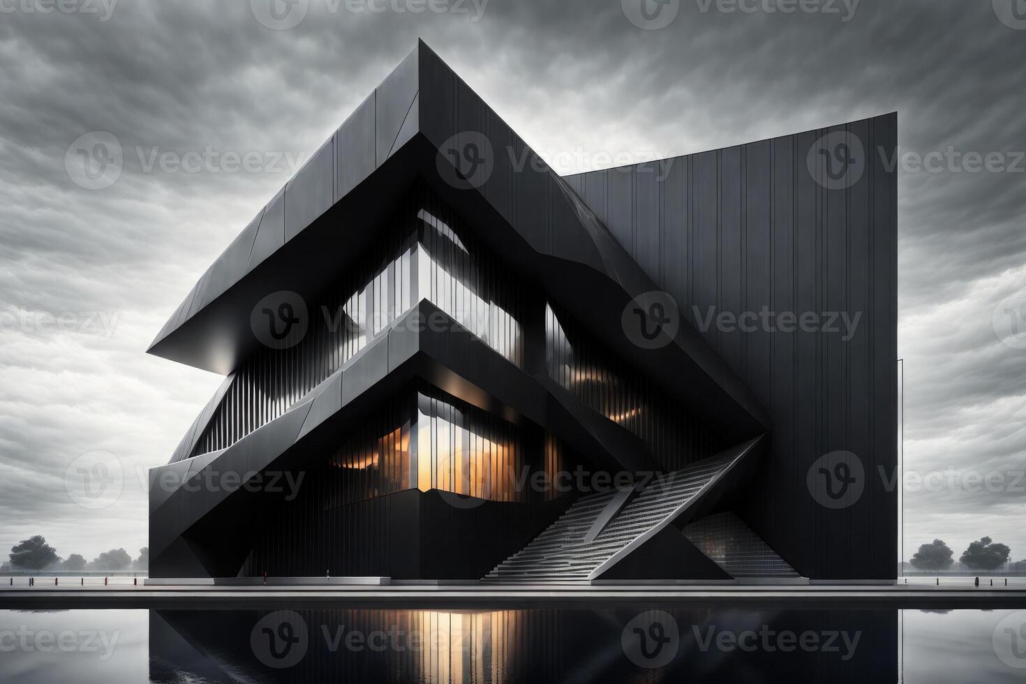a futuristic building with black facade and sharp edges by photo