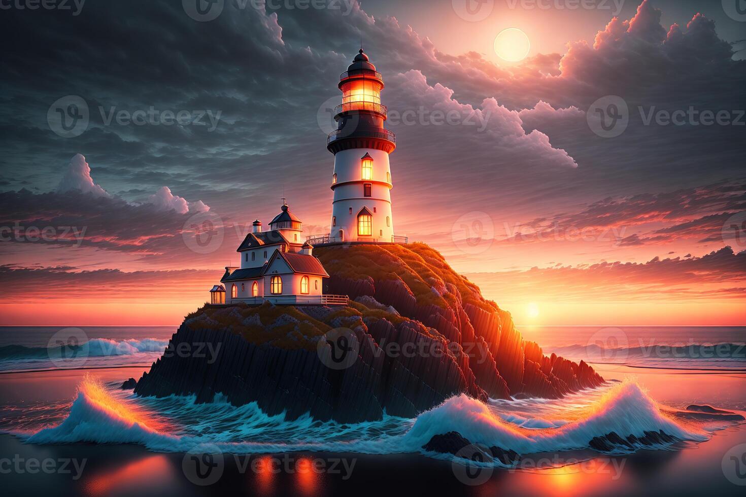 Beautiful lighthouse adorned nighttime seascape with a gloomy sky at sunset by photo