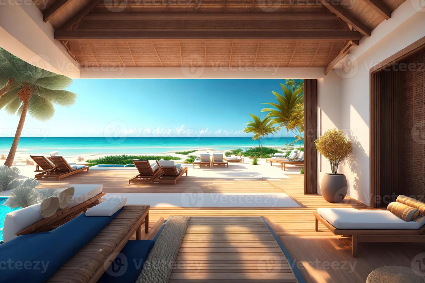 Beach loungers sun loungers on the sun deck and a private pool with a panoramic sea view by photo