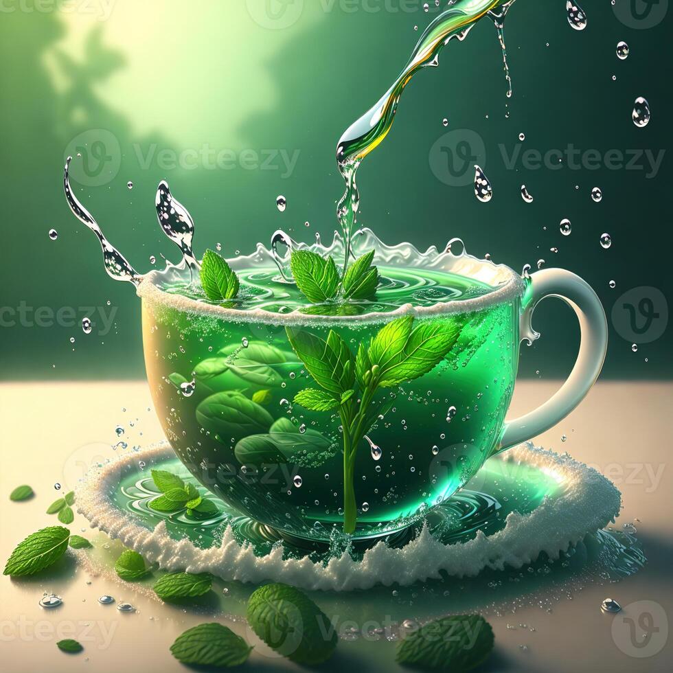 cup of tea splashing splashing mint leaves by photo