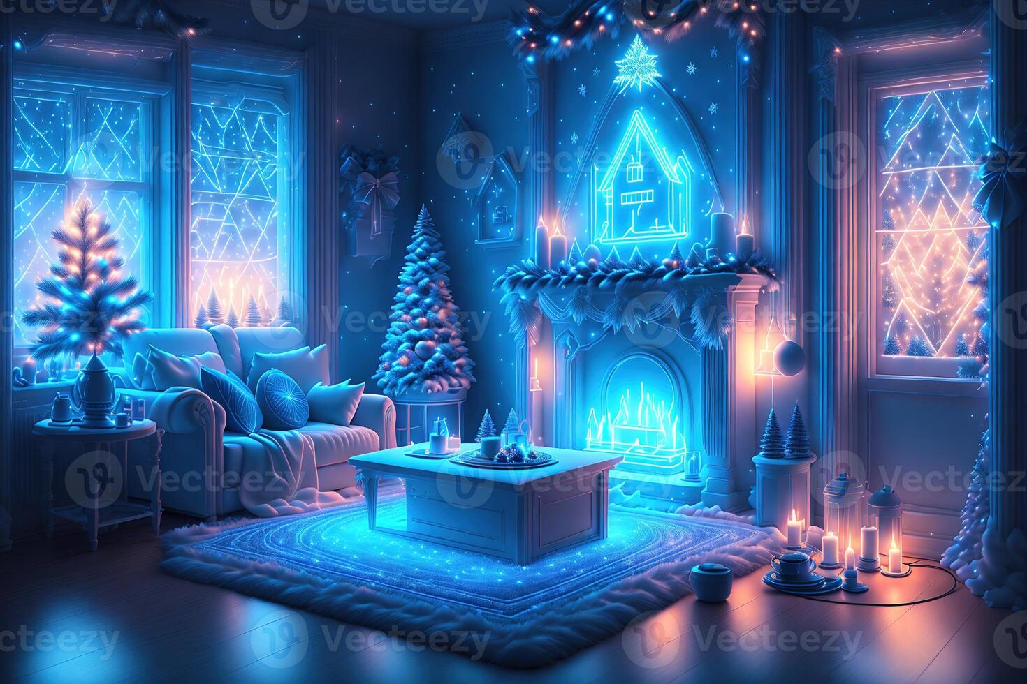 Minimalistic blue neon illuminated domestic christmas interior by photo