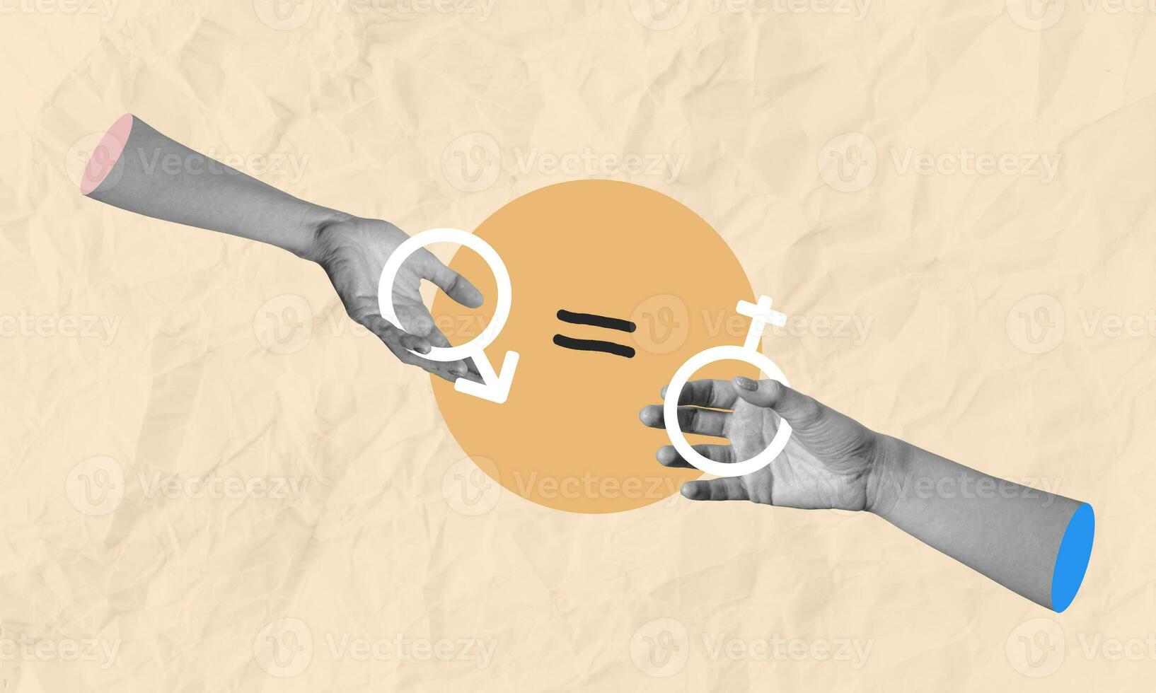 Contemporary art collage. Hands holding male and female gender signs symbolizing equality, isolated on yellow background. photo