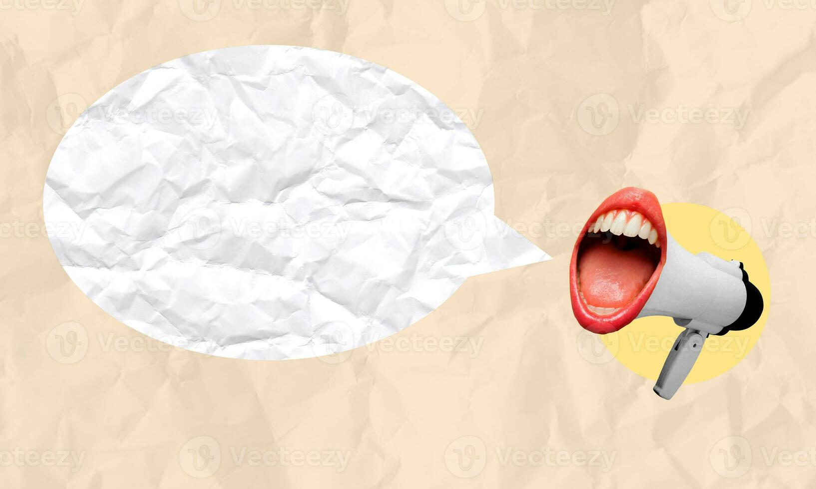 female mouth screaming with a megaphone in the background. Modern design, modern creative art collage. photo