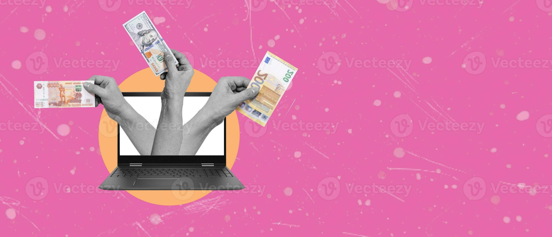 Creative photo collage artwork of hands with money from a computer on a pink background with space for advertising.