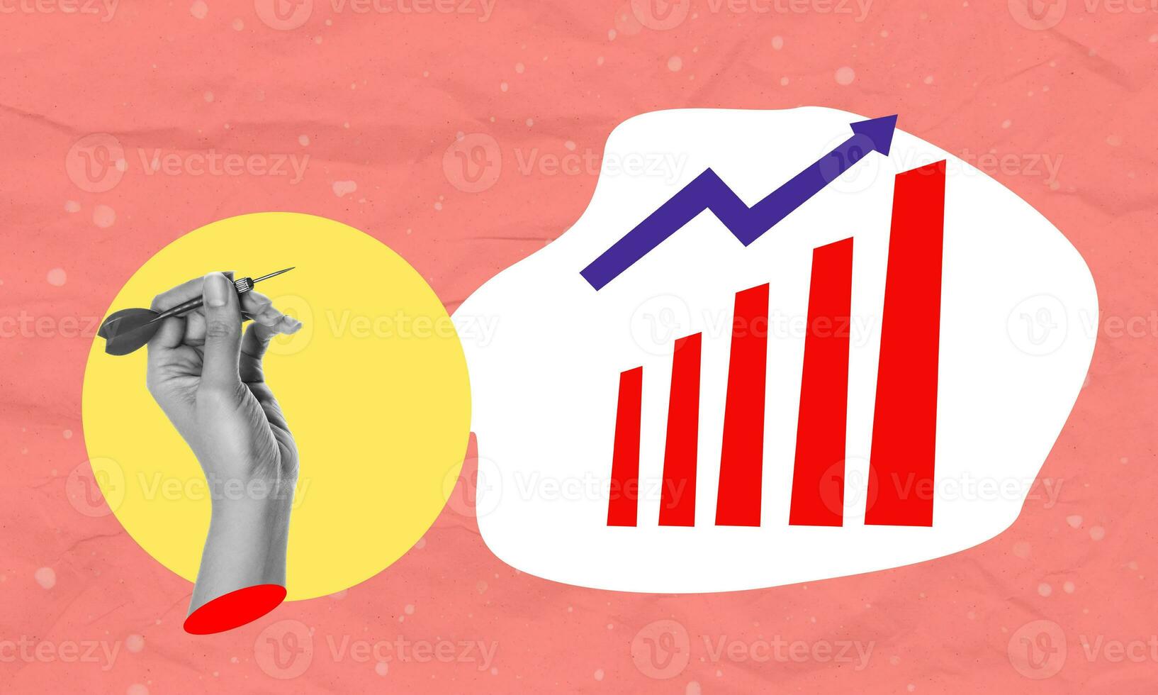 Collage Contemporary Art. Creative Design. Hand-throwing dart, investment graphic on pink background. photo