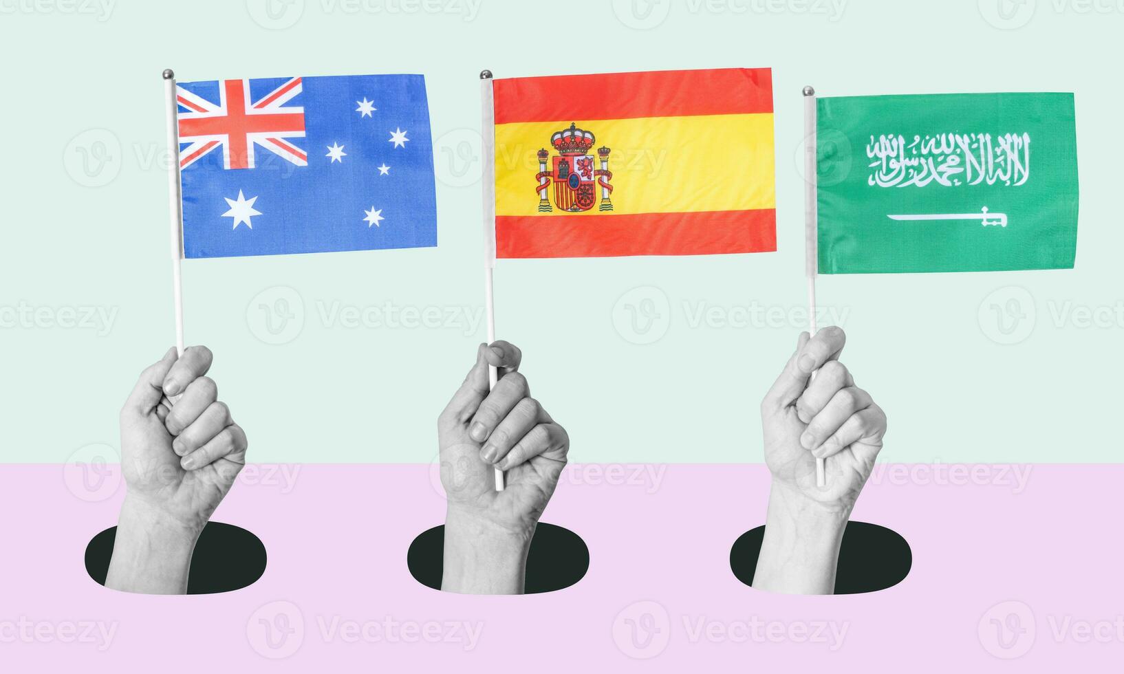 Art collage, Hand with the flag of Spain, Saudi Arabia, and Australia on a light background. photo