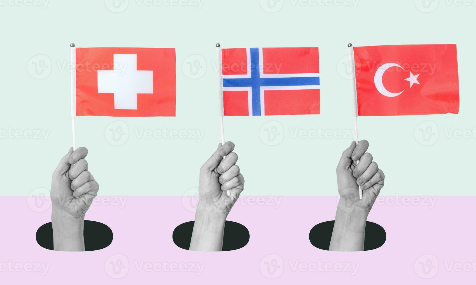 Art collage, Hand with the Norwegian, Turkish, and Swiss flags on a light background. photo