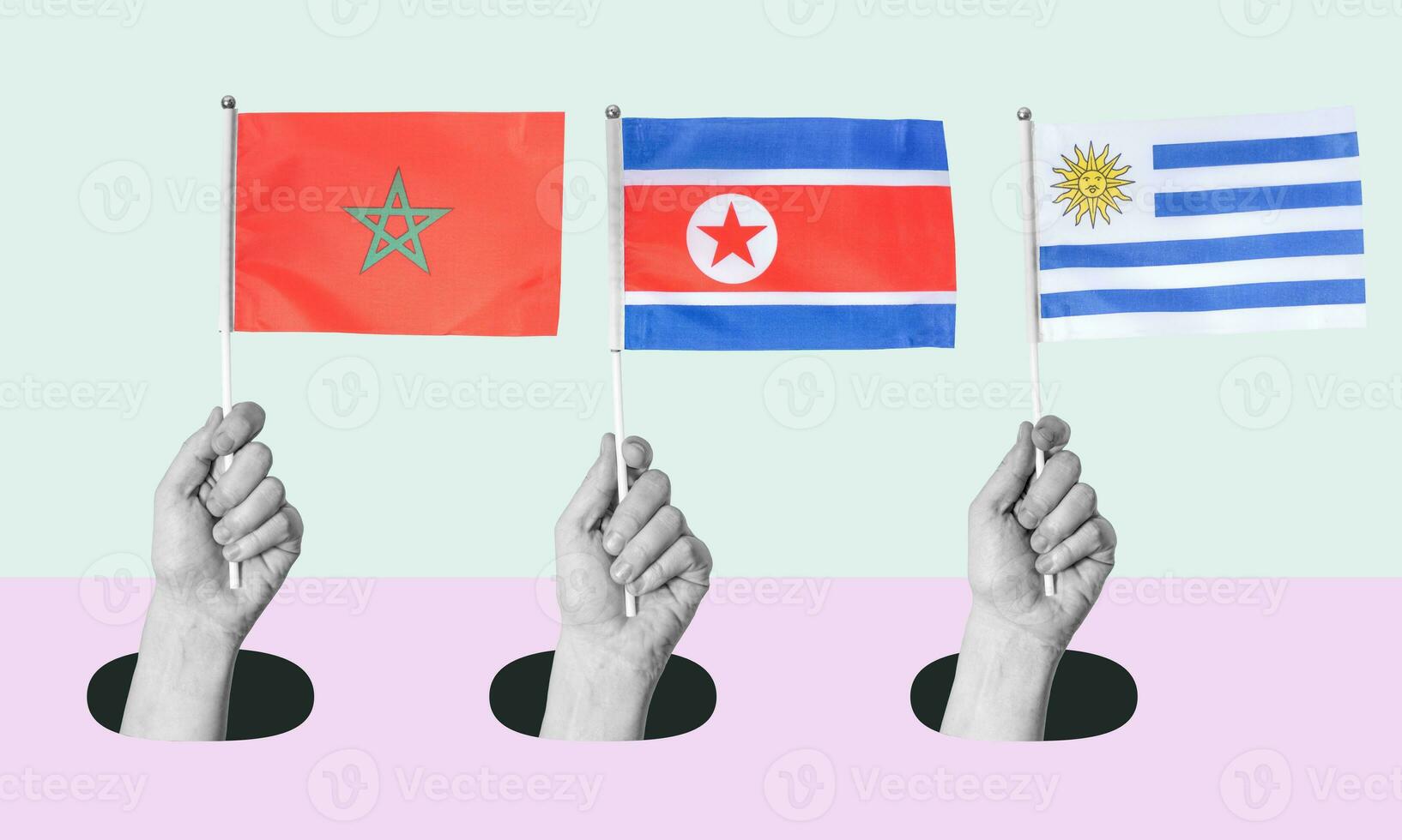 Art collage, Hand with the flag of Morocco, North Korea, and Uruguay on a light background. photo