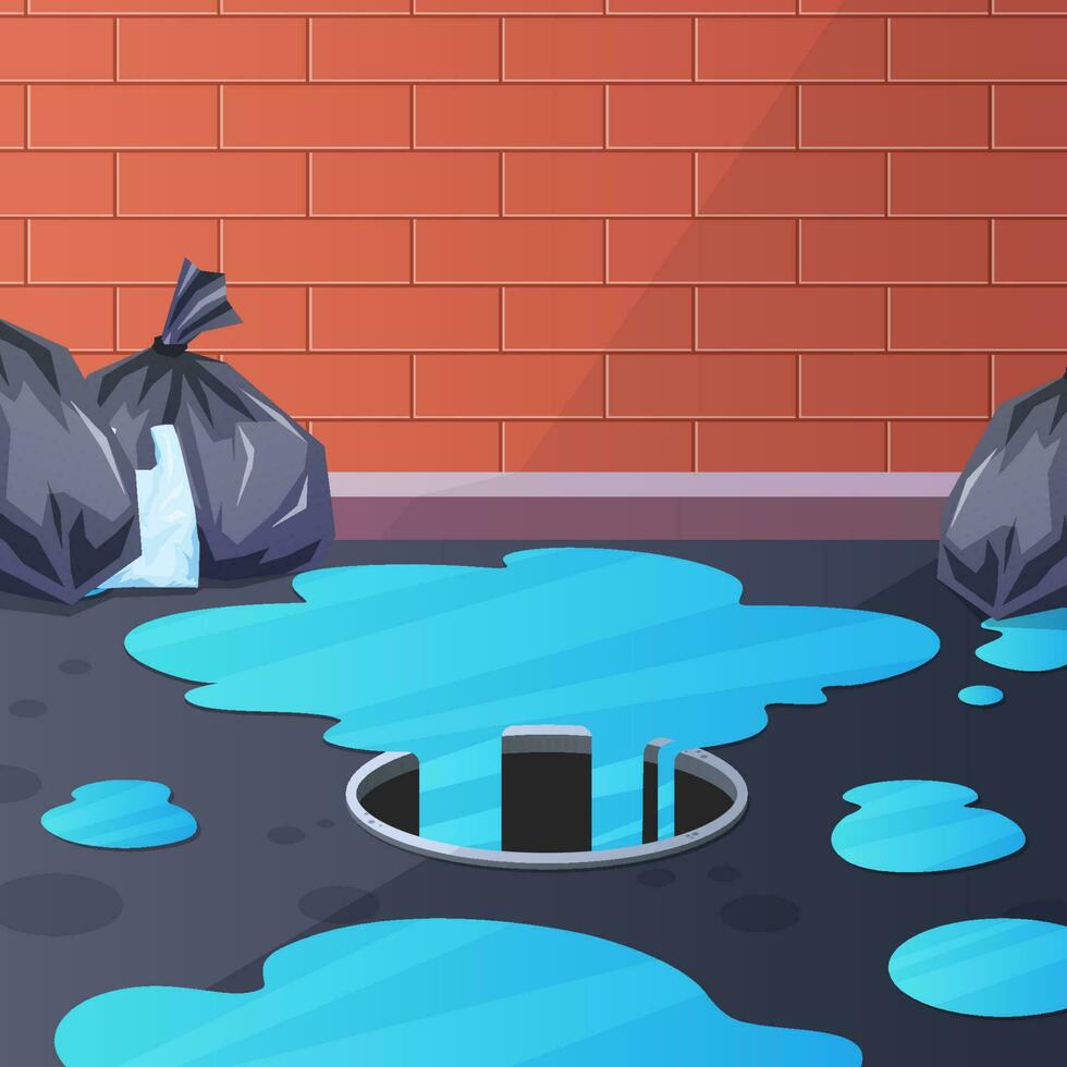 Illustration of water entering a manhole with a pile of garbage vector