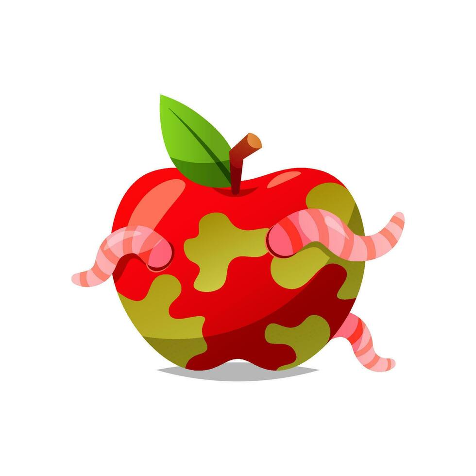 Worm in rotten apple vector isolated white background.