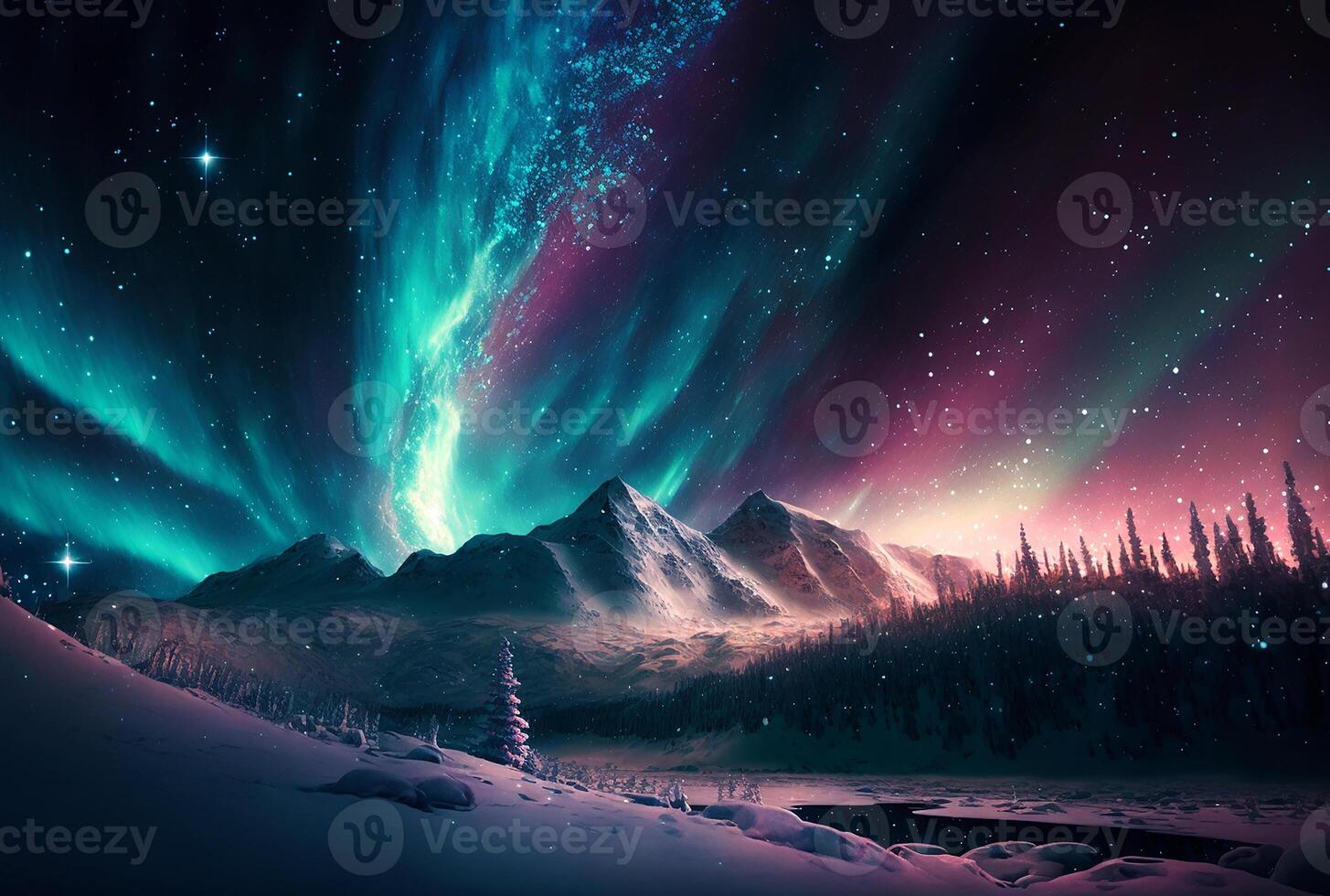 Night landscape az northern lights above snowy mountain peaks, photo