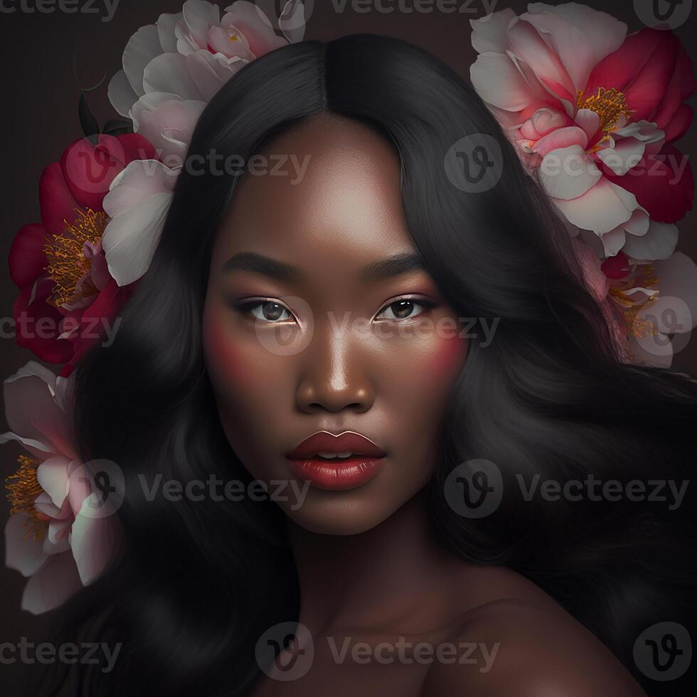Portrait of sensual black woman with flowers in hair, photo