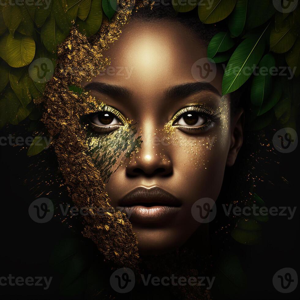 Fashion portrait of face of attractive young black woman with gold makeup and gold dust, photo