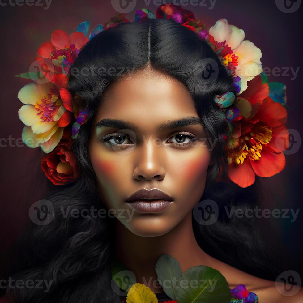 retrato de sensual negro mujer con flores en cabello, ai generado foto