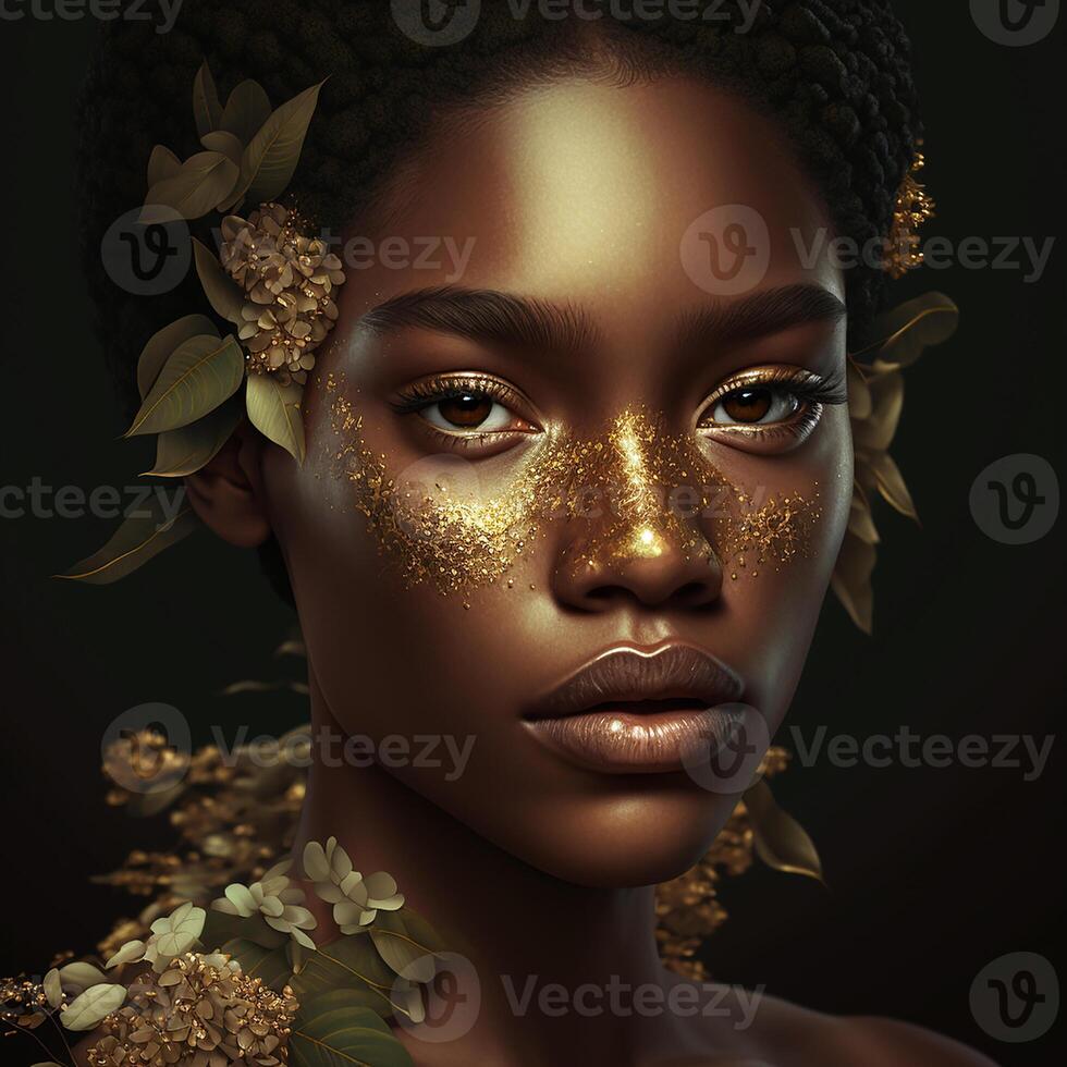 Fashion portrait of face of attractive young black woman with gold makeup and gold dust, photo