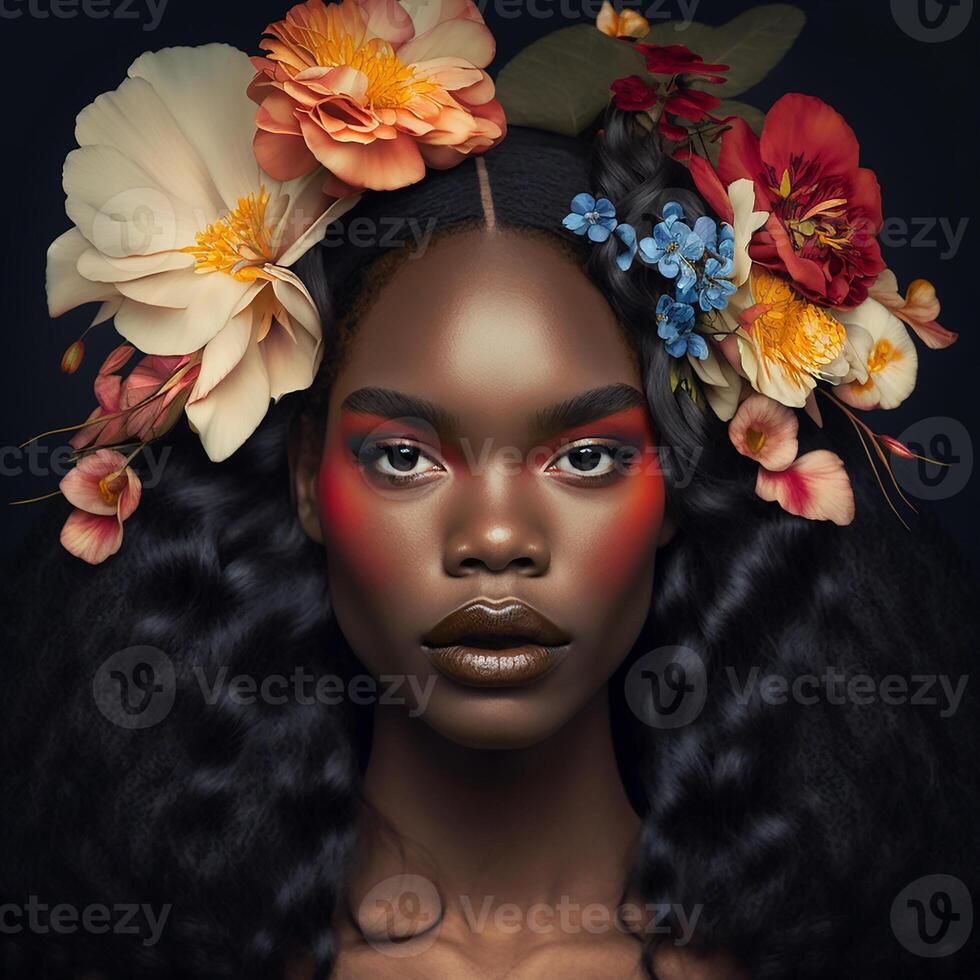 Portrait of sensual black woman with flowers in hair, photo