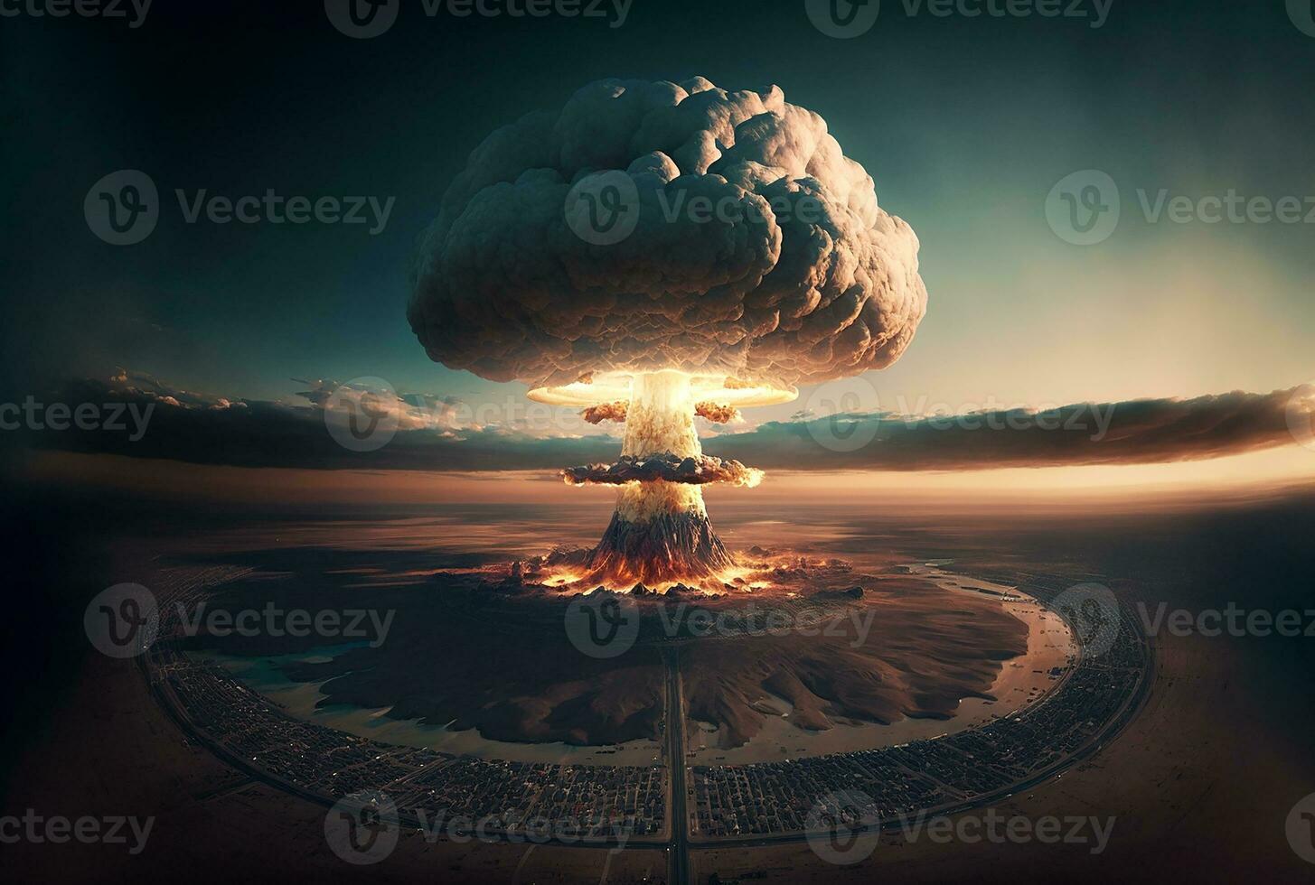 ilustración de enorme nuclear bomba explosión terminado ciudad. generativo un foto