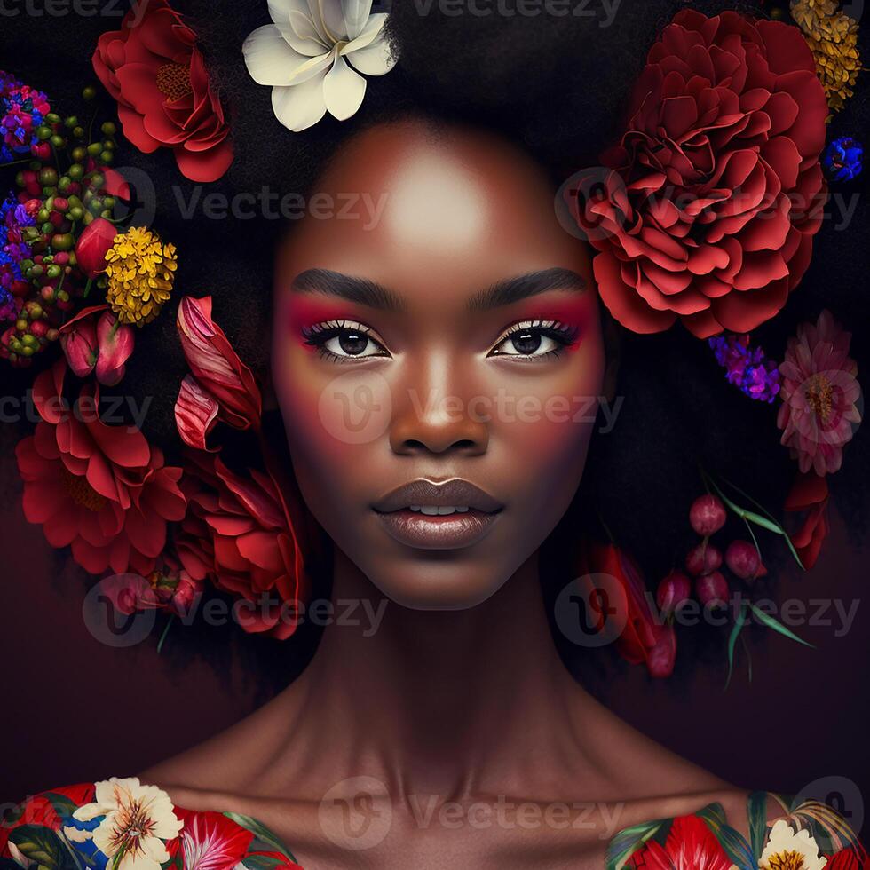 Portrait of sensual black woman with flowers in hair, photo