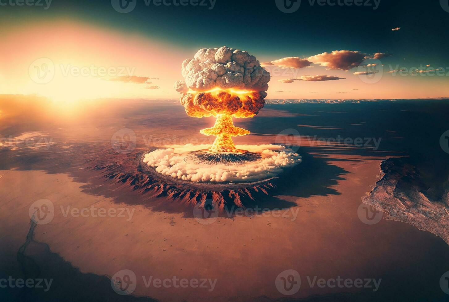 Illustration of huge nuclear bomb explosion over  city. Generative A photo