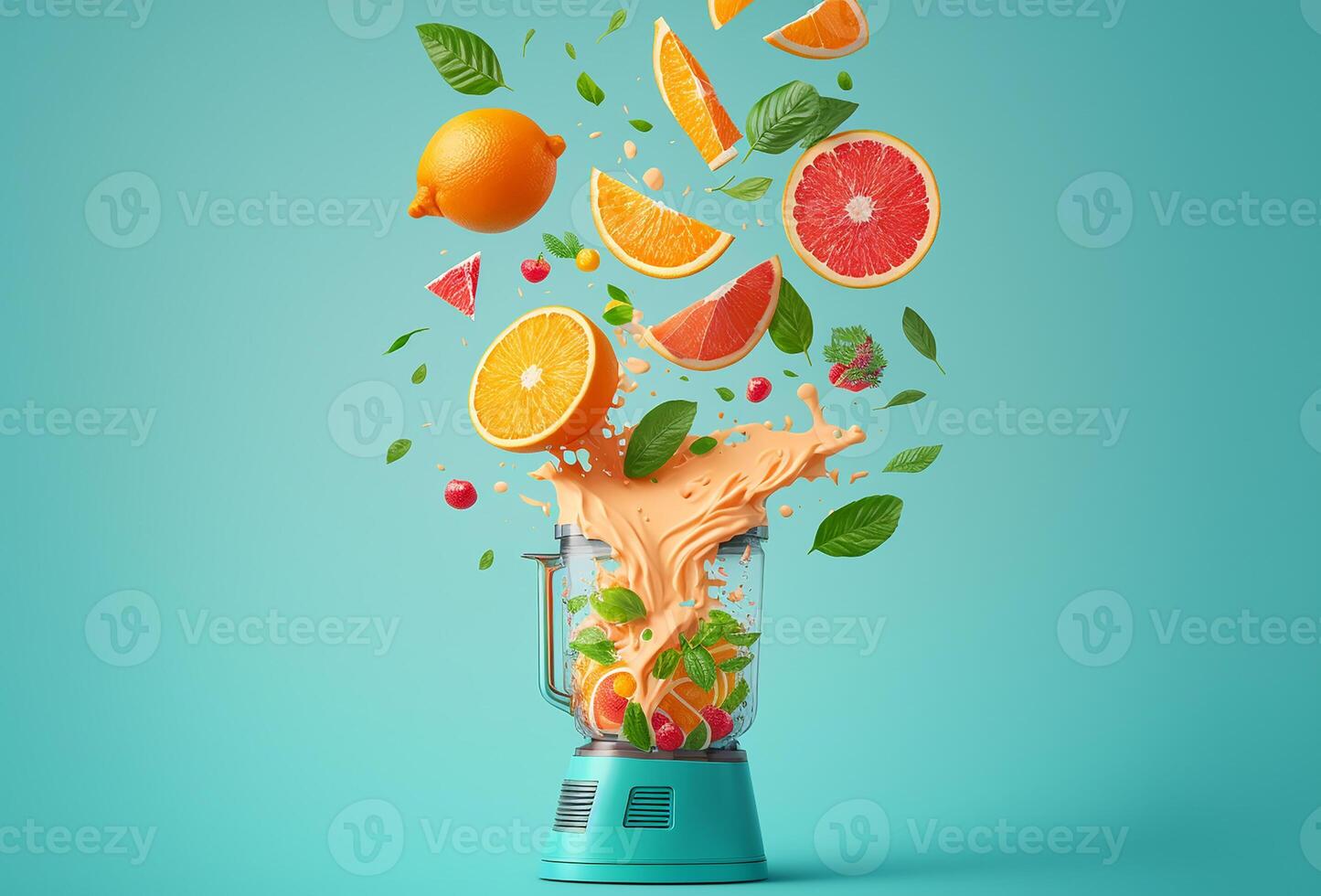 Blender with fruit flying isolated on blue background photo