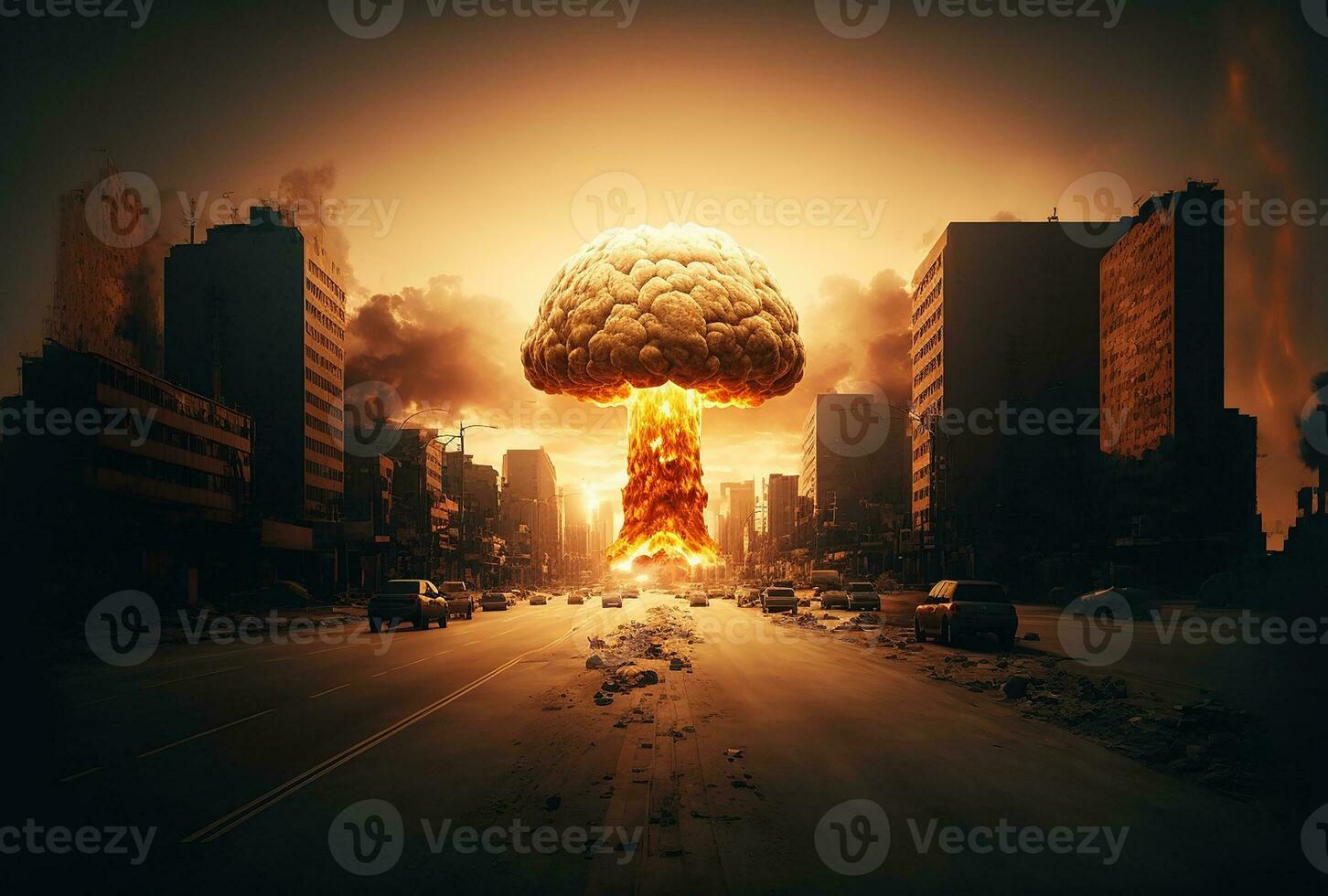 Illustration of huge nuclear bomb explosion over  city. Generative A photo