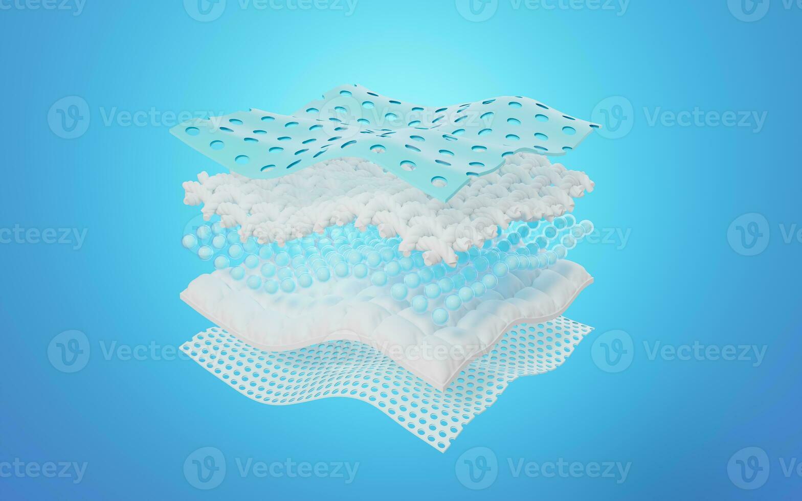 Realistic layered material excellent breathability, moisture absorbing fiber sheets with 5 sections. Odor and water absorbent materials for baby and adult diapers, sanitary pad advertising. 3d render. photo