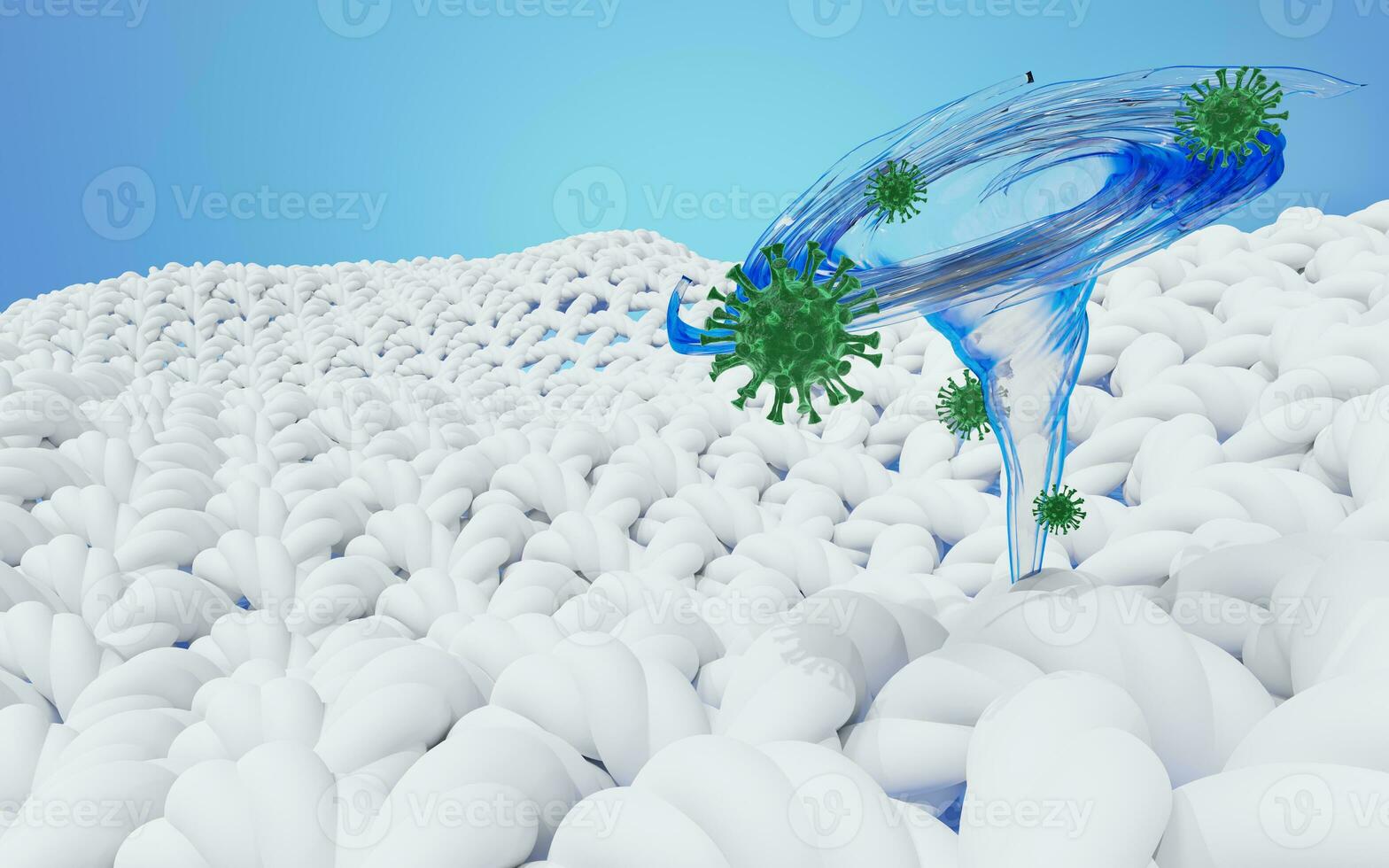 Blue vortex taking away bad green germs, virus from clothes. Water tornado deep cleaning cloth. Disinfecting of washing machine. Antibacterial, remove stains, washing powder in advertising. 3d render. photo