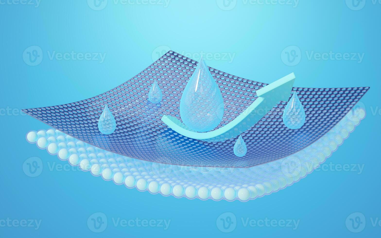 3D Waterproof pad with water droplets, reflection arrow on blue background. Close up of waterproof material and odor absorber. Moisture and heat proof materials for industrial advertising. 3d render. photo