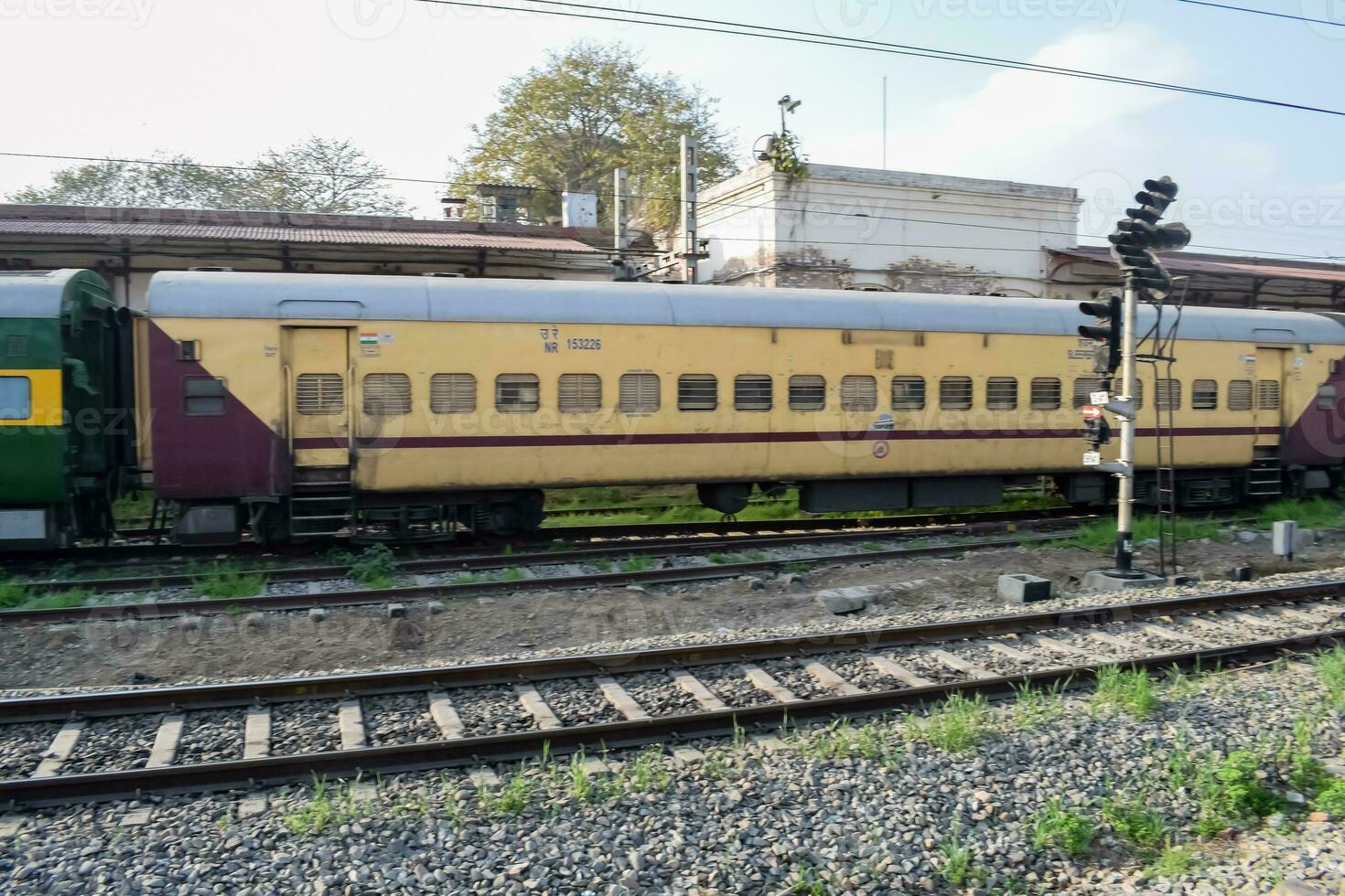 Indian railway train at Amritsar railway station platform during morning time, Colourful train at Amritsar, Punjab railway station photo